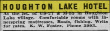 Houghton Lake Hotel (Houghton Lake Tavern) - June 1946 Ad